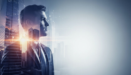 ビジネスマンとビジネス街の二重露光ポートレート　　ビジネスアイコン　ビジネス戦略のイメージ