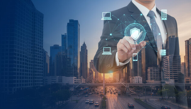 ビジネスマンとビジネス街の二重露光ポートレート　　ビジネスアイコン　ビジネス戦略のイメージ