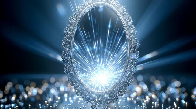 Magic aura pulsing from shiny gothic mirror with bright light rays and sparkling bokeh creating mystical enchanting atmosphere full of magic