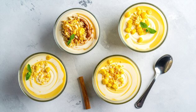 Four Glasses of Colorful Indonesian Getuk Cassava Sweets Topped with Nuts and Grains Arranged on a Light Gray Surface with a Spoon