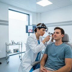 Fototapeta premium ENT specialist examining a patient’s ear with an otoscope in a modern clinic 