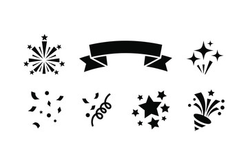 Obraz premium Fireworks Set of black and white celebration icons including confetti and stars, vector design