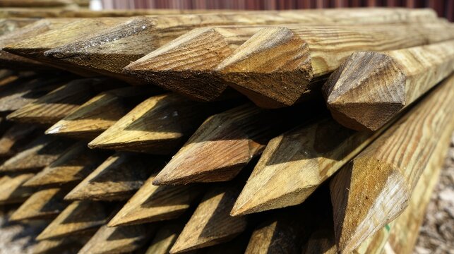 Pointed wooden stakes neatly packaged for construction or fence projects, showing construction, lumber, building, outdoor, hard ground, tool, material, carpentry, DIY, and project concepts