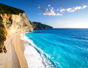 Azure waters wash a white sand beach at the base of a tall, rocky coastal cliff