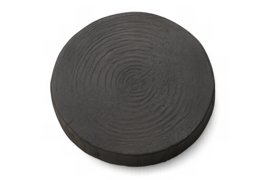 Dark wood slice showing natural cross-section with textured tree rings on transparent background