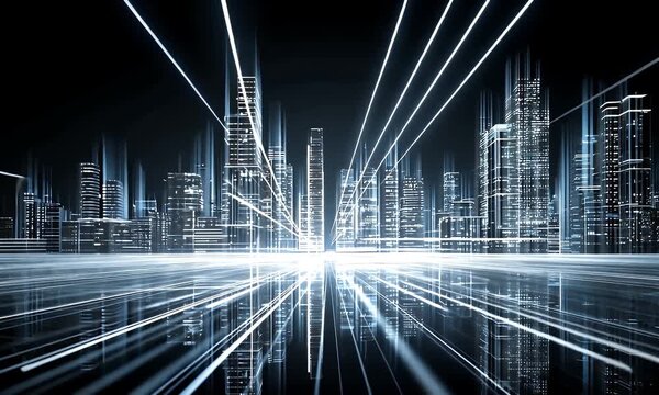 Abstract digital visualization of glowing lines representing data flow and connections across a dark background with geometric elements