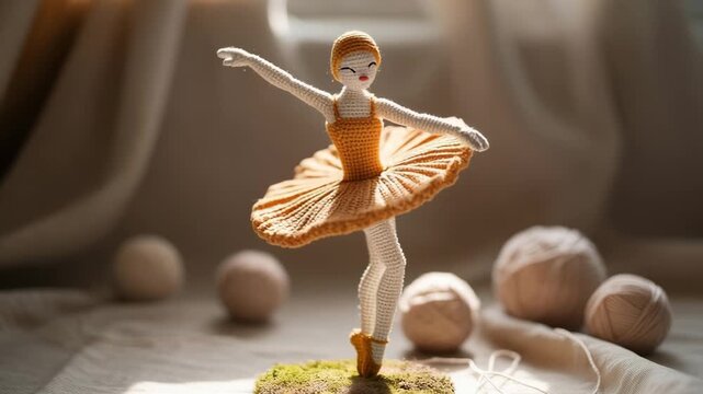 Crocheted ballerina doll with an orange tutu performing a graceful arabesque pose in a warm, sunlit studio environment