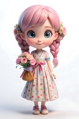 Kind Young Girl with Pink Braid Holding Flowers – 3D Character Render Transparent PNG 8K