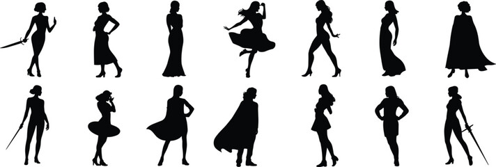 Elegant Female Silhouette Collection: Diverse Women in Various Poses, Fashion Models, Dancers, Fantasy Characters with Swords, Dynamic Figures, Stylish Gestures, Beauty