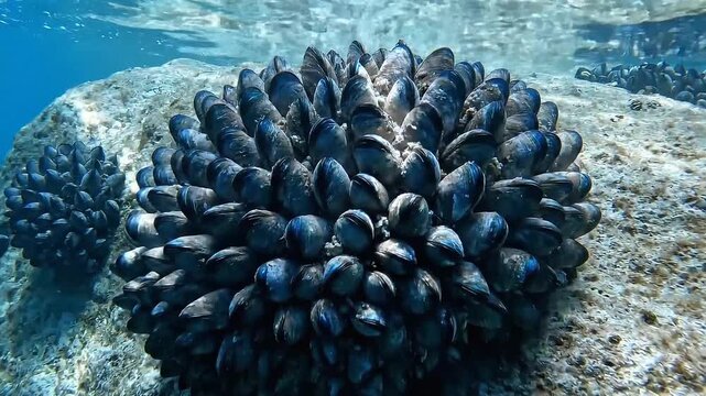 Underwater Mussel Cluster on Rock with Sunlight Streaming Through Clear Water Calm Seabed Scenery Marine Life on Coastal Reefs Shellfish Aggregation in Natural Habitat Close-Up
