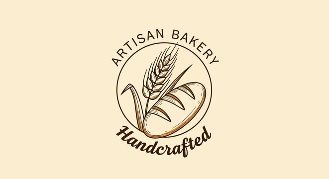 Handcrafted-inspired vector logo with wheat ear and bread loaf icons in monoline style