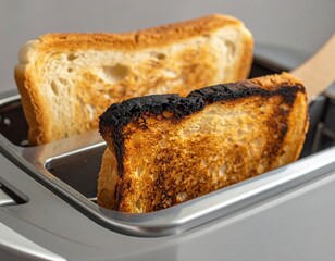 Two slices of toast, one burnt and one golden brown, are seen popping up in a modern toaster, humorously highlighting an everyday kitchen mishap.