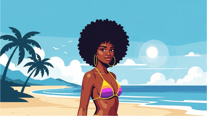 Sun-kissed beauty with a natural afro hairstyle enjoying a serene tropical beach escape