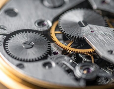 A macro photograph capturing the intricate gears and precision engineering of a watch mechanism, with metallic textures and detailed mechanical components in sharp focus.