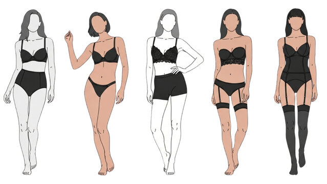 Vector illustration concept of a diverse group of women wearing black lingerie sets