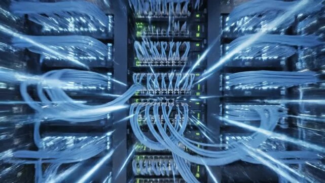 Visualize the high-speed data flow in a modern server room - Powered by Adobe