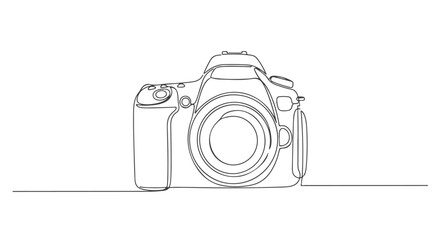 One line continuous drawing of a professional DSLR camera on a white background