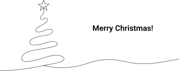 One continuous line drawing of a Christmas tree with a star, a minimalist festive vector concept for a holiday greeting card design