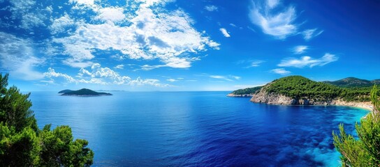 Beautiful Zakynthos Greece landscape featuring turquoise waters green trees and a bright blue sky with fluffy white clouds for summertime travel