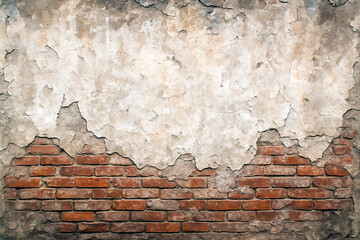 A close-up of an old, weathered brick wall with peeling plaster revealing the textured bricks beneath. Evokes a sense of age and rustic charm