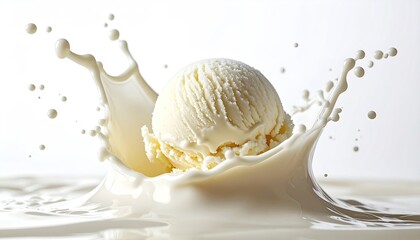 Creamy vanilla ice cream scoop splashing into liquid milk creating dynamic white waves and droplets against a clean bright background with studio lighting