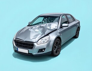 Obraz premium A silver sedan with significant front-end damage and a shattered windshield is isolated on a pale blue background.