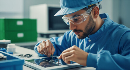 Engineer Assembling Micro Solar Panels with Precision in Modern Laboratory