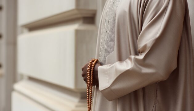 African man in elegant boubou stands confidently against a textured wall, holding prayer beads, showcasing cultural attire and spiritual significance with a profile angle