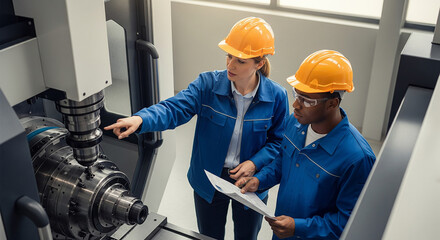 Diverse industrial engineers collaborate inspecting precision machine part in factory