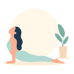 Flat Vector Illustration of Woman Performing Cobra Pose (Bhujangasana) in Pastel Colors