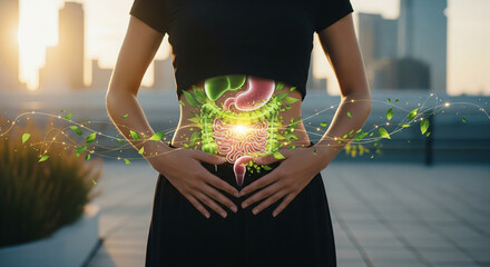 Urban woman showing glowing digestive system with natural leaves, symbolizing inner health.