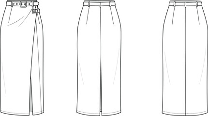Fashion flat sketch, CAD pencil skirt, technical design vector, front and back view, digital illustration, women's wear template