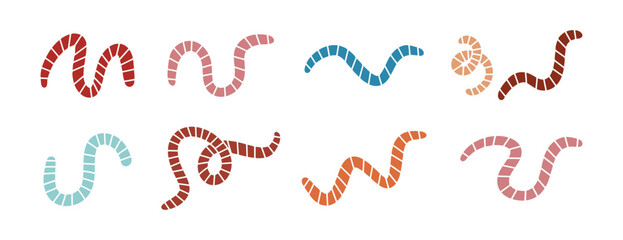 cartoon cute worm or earthworm set icons. Colorful worms with stripes collection 