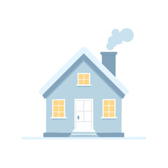 Vector cut illustration of a simple and cozy snow-covered house with a smoking chimney, an isolated element for winter season design
