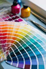 Color palette fan spread on a table with vibrant paint bottles and brushes, showcasing a spectrum of hues for creative design and artistic inspiration
