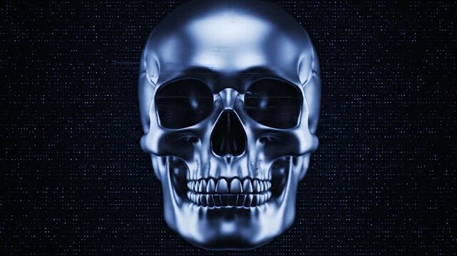 A futuristic metallic skull, overlaid on a data-pattern background, with light streaks