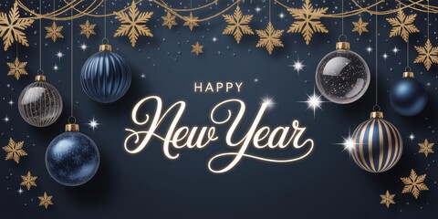 Elegant happy new year greeting with shimmering golden snowflakes and dark blue christmas ornaments on a festive dark background