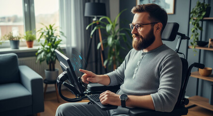 Man in wheelchair uses futuristic holographic screen at home, highlighting modern accessibility.