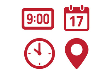 Address time date icons set. Address location icon. Clock icon. Calendar icon. Time, date and address icon set. Calendar, clock, location. Editable stroke. Vector illustration