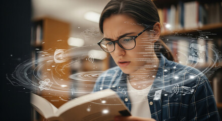 Woman studies book, immersed in augmented reality data and digital learning in a library.