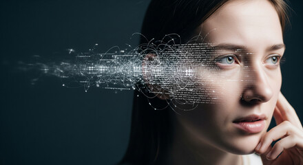 Woman's Mind Processing AI Data and Digital Information Flow