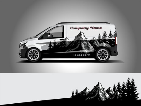Black and white van wrap with mountain landscape and pine forest silhouette. Perfect for adventure, travel, or outdoor-themed company branding. Editable vector EPS format included.