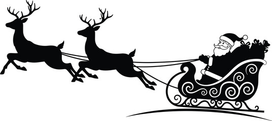 Santa Claus riding sleigh pulled by reindeer, Christmas holiday silhouette illustration, festive winter season vector art, joyful celebration design © Kartik Creative