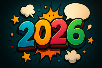 Vibrant, colorful 3D numbers "2026" explode with comic book style speech bubbles, stars, and bursts against a dark background, symbolizing celebration and future anticipation.