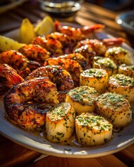 Fototapeta premium A Platter of Grilled Seafood Featuring Shrimp and Scallops