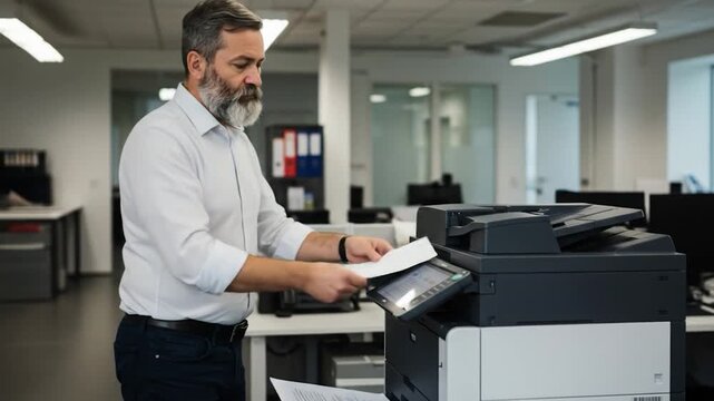 Bearded man in a white shirt using a multi-function office printer