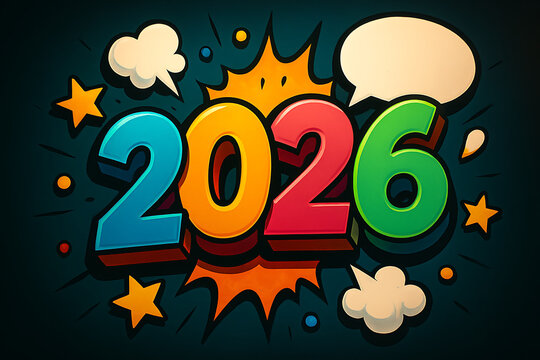 Vibrant, colorful 3D numbers "2026" explode with comic book style speech bubbles, stars, and bursts against a dark background, symbolizing celebration and future anticipation.