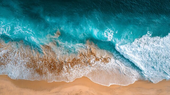 Aerial view of turquoise waves crashing onto golden sand beach creating white foam - Powered by Adobe