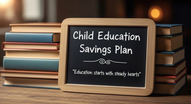 Chalkboard with Child Education Savings Plan beside books