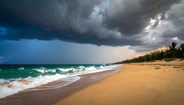 A dramatic tropical beach landscape under a powerful storm sky, with dark, rain-filled clouds looming over crashing ocean waves and a golden sandy shore